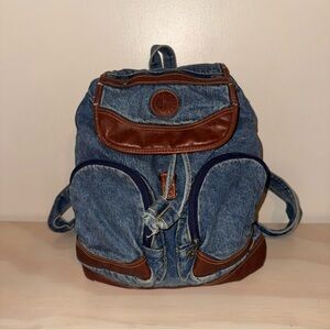Vtg Y2K Riders By Lee Denim Leather Trim Drawstring Bookbag Purse Western Chic